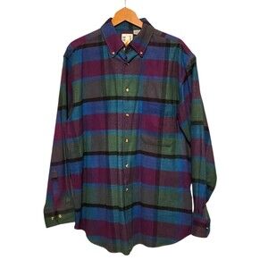 Vintage 90s On The Brink Flannel Shirt Green Purple Blue Plaid Mens Size Large